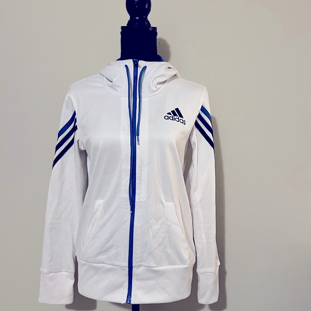 Adidas women’s size S track jacket. White w/ blue & black stripes.